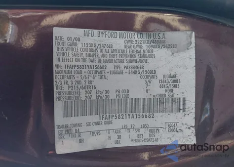 2000 Ford Taurus Se z USA, uszkodzony, nr VIN 1FAFP5821YA156682